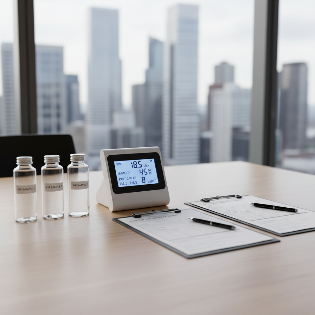 A meticulously organized indoor air quality testing setup in a modern office conference room, featuring a sleek white portable air quality monitor with a digital display showing clear readings for VOCs, humidity, and particulates. The device rests on a light oak table beside labeled sample canisters and neatly arranged clipboards. Large floor-to-ceiling windows reveal a blurred cityscape outside. Soft, diffused daylight fills the room, creating gentle reflections on the monitor’s screen and subtle shadows under the equipment. Photographic realism, eye-level composition with a shallow depth of field keeps the instruments in crisp focus while the background softly recedes, conveying a professional, precise, and trustworthy atmosphere ideal for a building inspection company homepage.