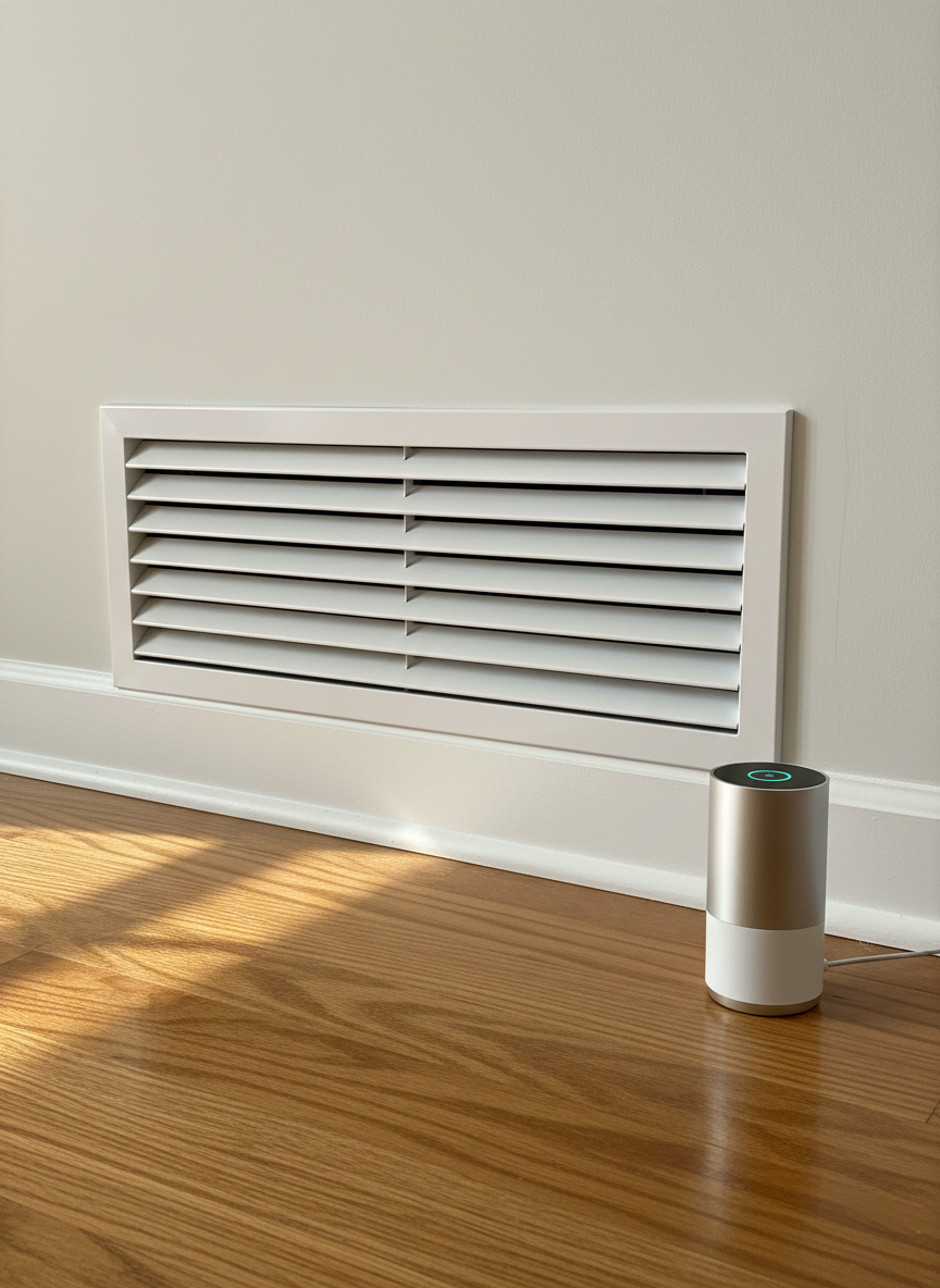 A detailed close-up of a residential HVAC air return vent in a freshly renovated living room, the vent’s crisp white metal slats perfectly clean and free of dust, framed by a smooth eggshell-painted wall and polished hardwood floor. Next to the vent, a small, high-end air quality sensor with a soft-glowing status light sits on the floorboard. Natural afternoon light enters from an unseen window, casting soft, directional shadows that emphasize the vent’s linear geometry. Shot from a low, slightly angled perspective in photographic realism, with a clean, modern aesthetic and balanced composition, the mood is calm, hygienic, and reassuring, highlighting the benefits of professional air quality maintenance.